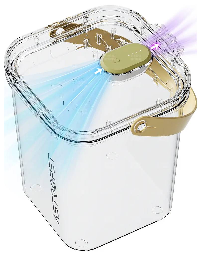 Récipient rectangulaire transparent avec un couvercle doré et une poignée, montrant des flux d'air/faisceaux lumineux bleus et roses traversant l'ouverture supérieure.
