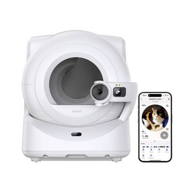 Bac à litière blanc autonettoyant PETKIT avec caméra intégrée, présenté à côté d'une application téléphonique surveillant un chat à l'intérieur.