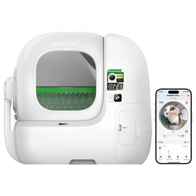 Bac à litière pour chat autonettoyant blanc PETKIT avec compartiment avant ouvert et une application smartphone affichant une vue de caméra pour chat et l'état de la litière.