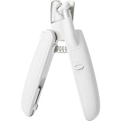 Coupe-ongles portatif blanc avec charnière à ressort et verrou de sécurité, isolé sur un fond blanc.