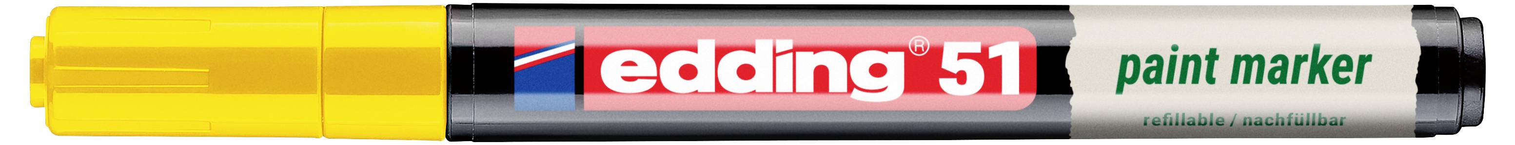 Marqueur de peinture Edding 51 jaune avec corps noir et gris, étiquette de logo rouge et texte de capuchon vert sur fond blanc.