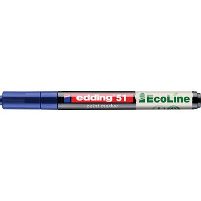 Gros plan d'un marqueur de peinture Edding 51 EcoLine avec un capuchon bleu et une étiquette noire, rouge et verte.