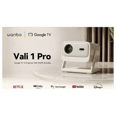Bannière promotionnelle pour le projecteur Wanbo Vali 1 Pro avec Google TV, montrant le projecteur sur une table avec les logos Netflix, Audio Dolby, Hey Google, YouTube et Disney+.