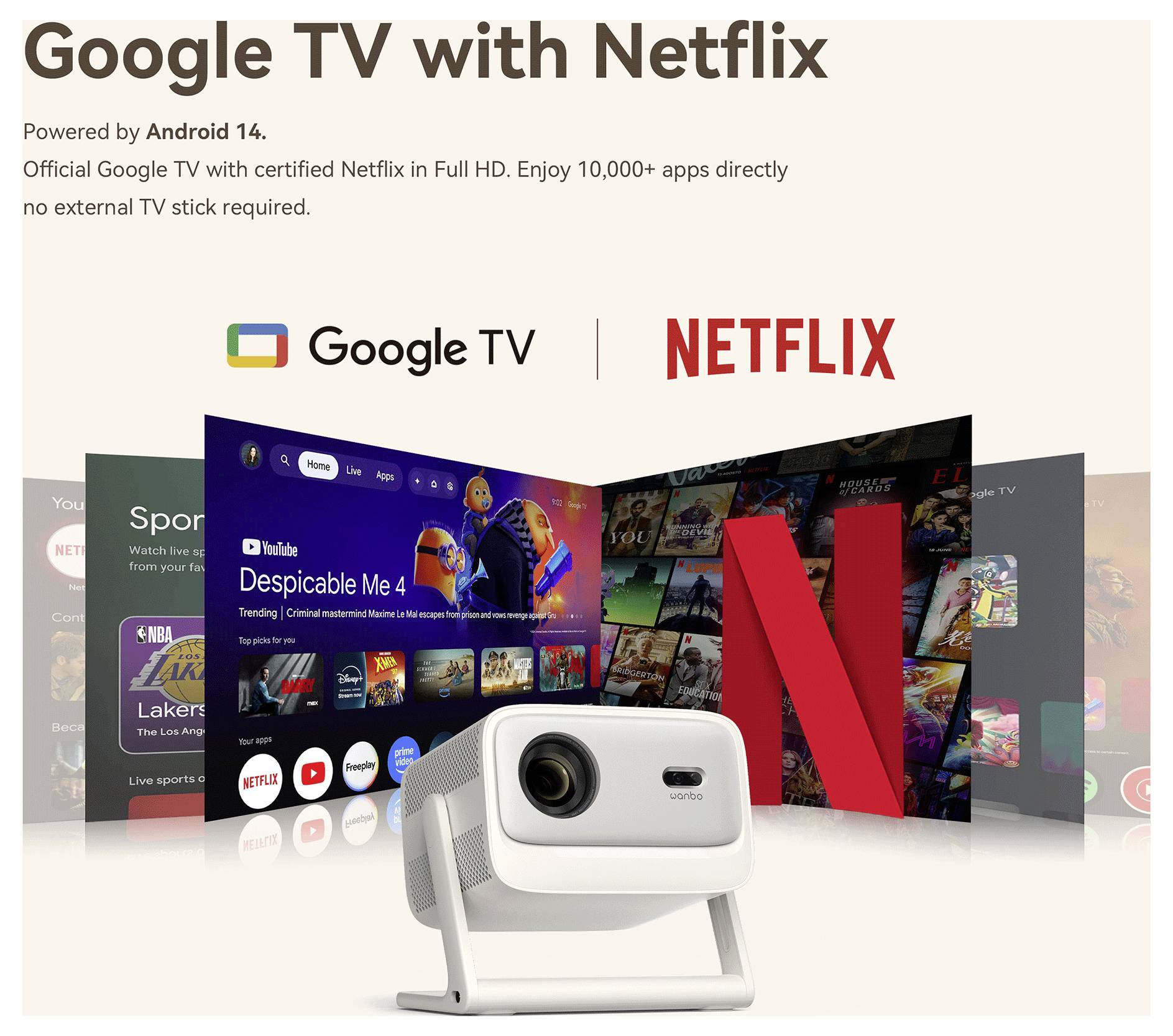 Graphique promotionnel pour Google TV avec Netflix, montrant les logos de Google TV et Netflix, le texte Android 14, et un projecteur devant les écrans des applications de streaming.