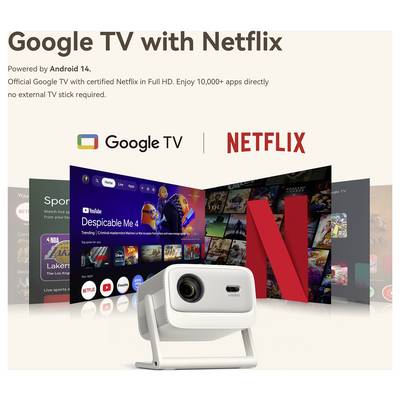 Graphique promotionnel pour Google TV avec Netflix, montrant les logos de Google TV et Netflix, le texte Android 14, et un projecteur devant les écrans des applications de streaming.