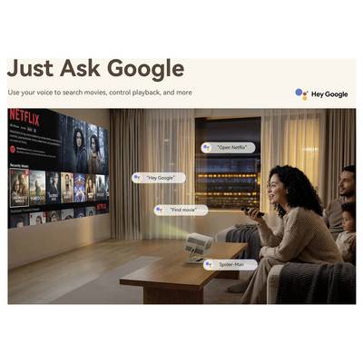 Image promotionnelle pour Hey Google montrant une famille utilisant des commandes vocales pour contrôler Netflix sur un téléviseur, avec des légendes comme « Hey Google », « Ouvrir Netflix » et « Trouver un film ».