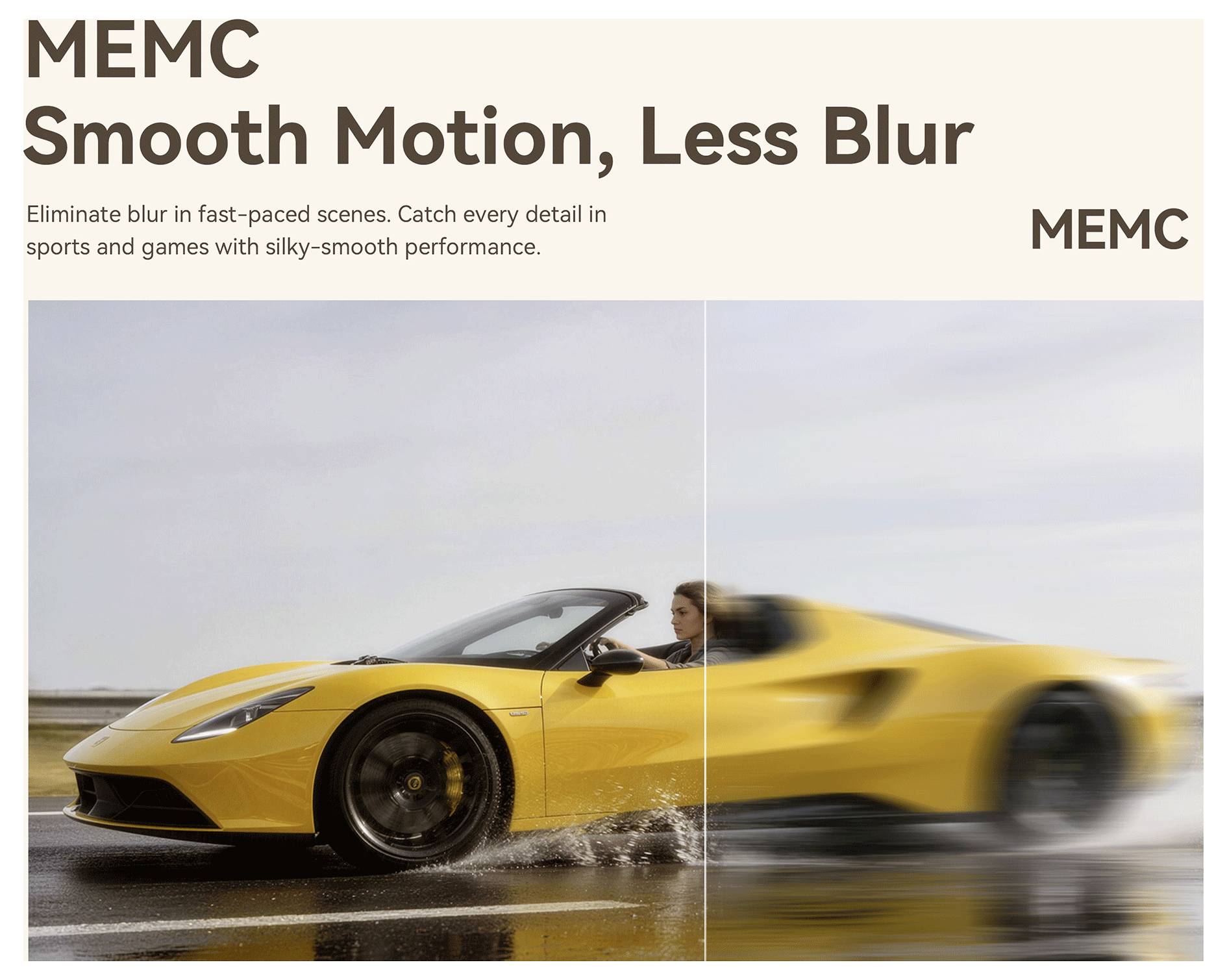 Graphique promotionnel de MEMC montrant une voiture de sport jaune, avec le texte « Mouvement fluide, moins de flou » et une image divisée comparant le mouvement net et le mouvement flou sur une route mouillée.