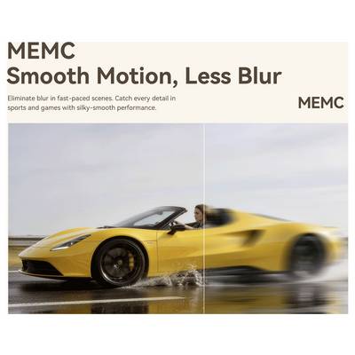 Graphique promotionnel de MEMC montrant une voiture de sport jaune, avec le texte « Mouvement fluide, moins de flou » et une image divisée comparant le mouvement net et le mouvement flou sur une route mouillée.
