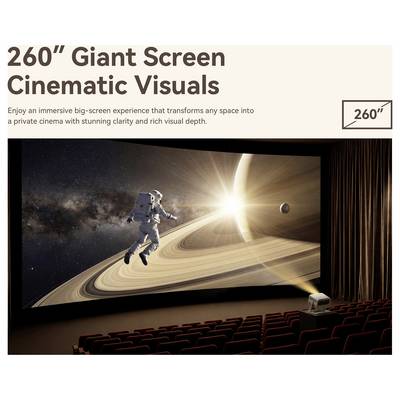 Graphique promotionnel pour un écran géant de 260 pouces avec des visuels cinématographiques, montrant une scène spatiale sur un énorme écran de théâtre dans une salle de cinéma.