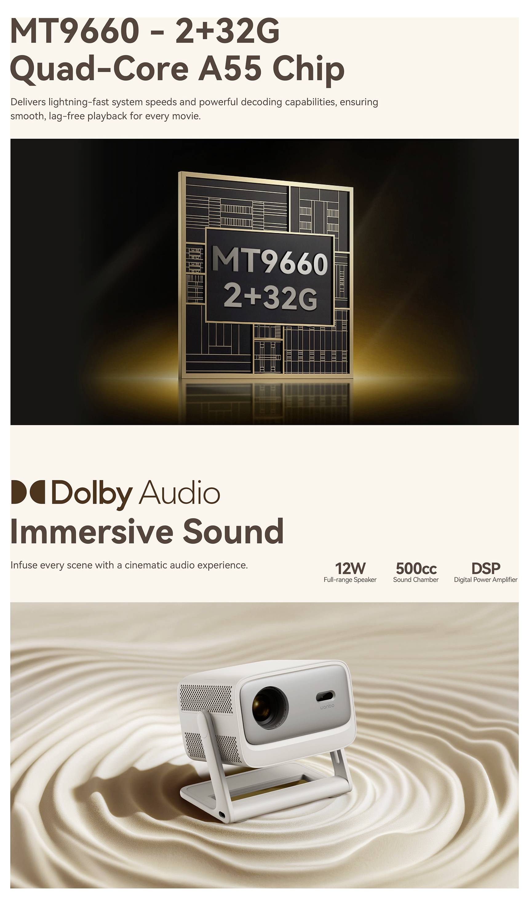 Affiche promotionnelle pour la puce quad-core A55 MT9660 2+32G, mettant en évidence le son immersif Dolby Audio et un projecteur compact sur des vagues ressemblant à du sable.