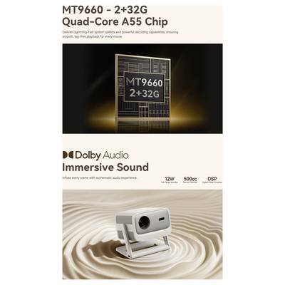 Affiche promotionnelle pour la puce quad-core A55 MT9660 2+32G, mettant en évidence le son immersif Dolby Audio et un projecteur compact sur des vagues ressemblant à du sable.