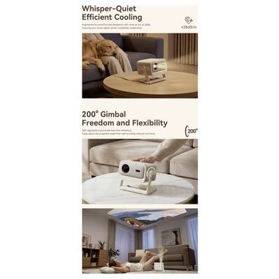 Affiche publicitaire pour un projecteur montrant « Refroidissement efficace ultra-silencieux » et « Liberté et flexibilité de 200° avec cardan » avec un projecteur blanc dans des scènes de salon.