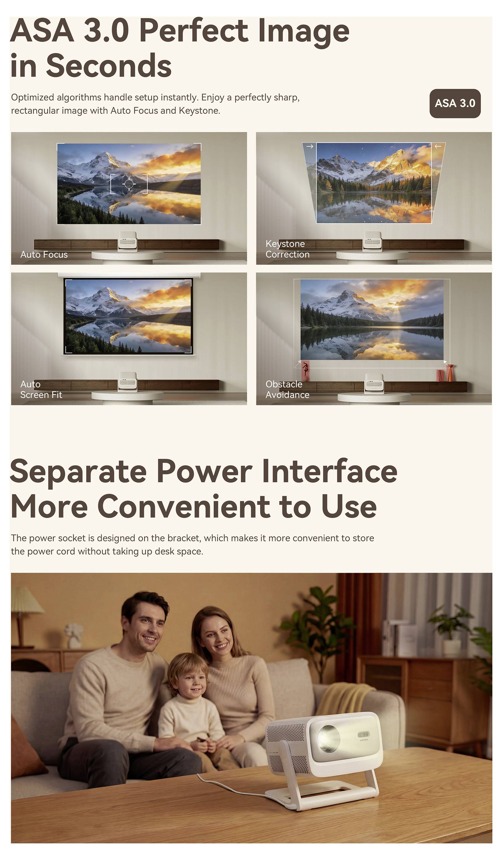 Affiche promotionnelle pour le projecteur ASA 3.0 présentant : « Image Parfaite en Secondes » avec quatre paramètres, plus une famille regardant un projecteur sur une table basse sous « Interface d'Alimentation Séparée Plus Pratique à Utiliser ».