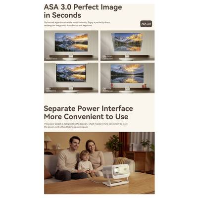 Affiche promotionnelle pour le projecteur ASA 3.0 présentant : « Image Parfaite en Secondes » avec quatre paramètres, plus une famille regardant un projecteur sur une table basse sous « Interface d'Alimentation Séparée Plus Pratique à Utiliser ».