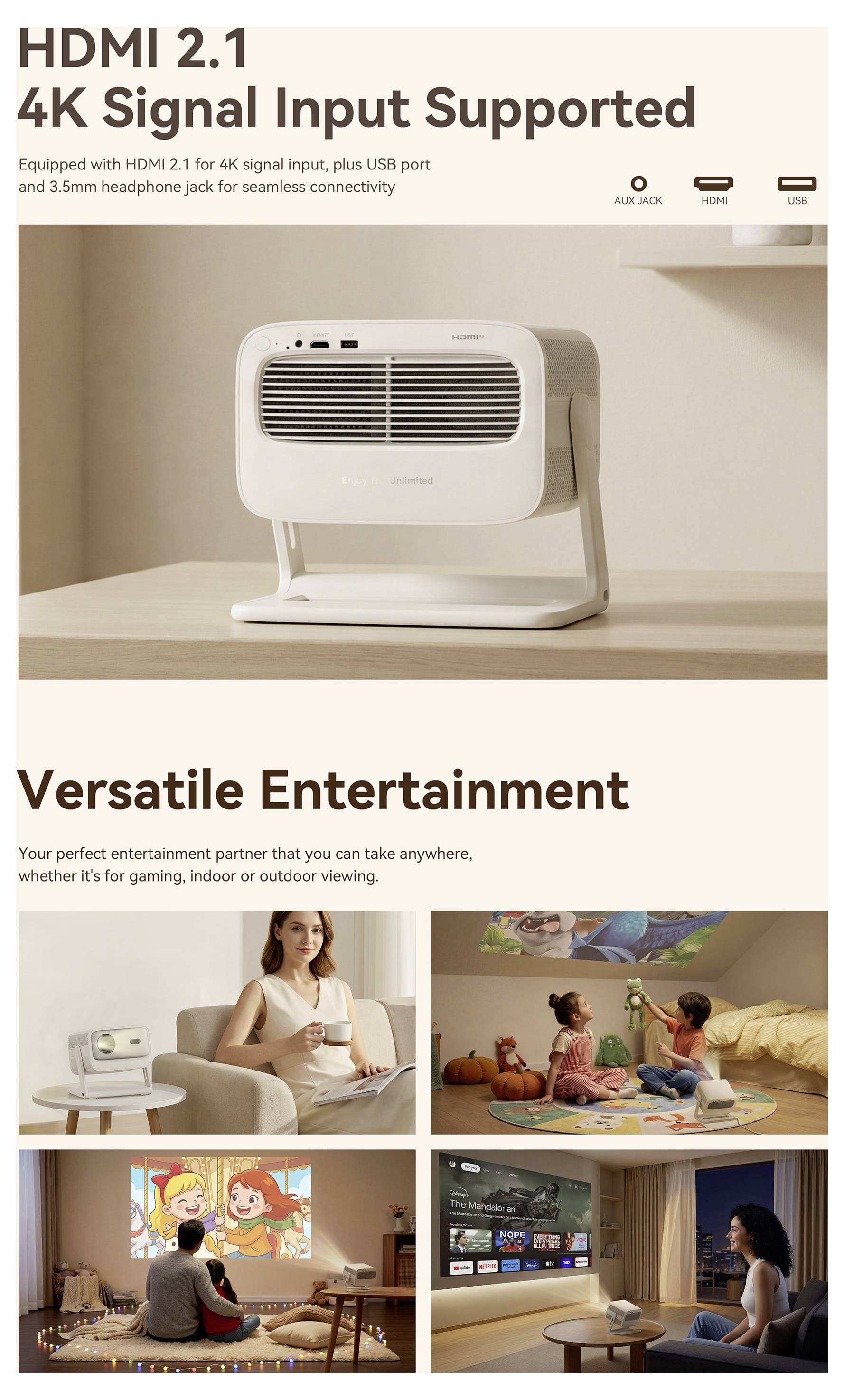 Affiche promotionnelle pour un projecteur portable affichant « Entrée de signal HDMI 2.1 4K supportée » et « Divertissement polyvalent » avec des scènes de visionnage à domicile, de jeux et d'utilisation familiale.