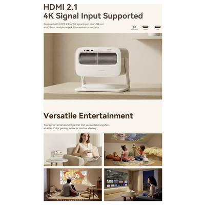 Affiche promotionnelle pour un projecteur portable affichant « Entrée de signal HDMI 2.1 4K supportée » et « Divertissement polyvalent » avec des scènes de visionnage à domicile, de jeux et d'utilisation familiale.