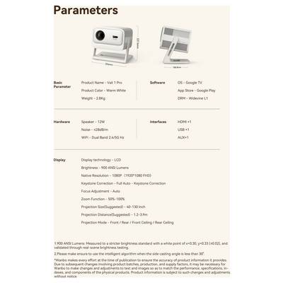 Affiche des paramètres produit pour le projecteur « V1 Pro », affichant les images et les spécifications : LCD 1080p, 1900 lumens ANSI, Google TV, HDMI, USB, AUX, Wi-Fi, haut-parleur 12W, projection de 40 à 130 pouces.