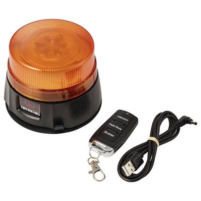 Feu d'alerte balise orange avec câble d'alimentation USB et télécommande porte-clés sur fond blanc.