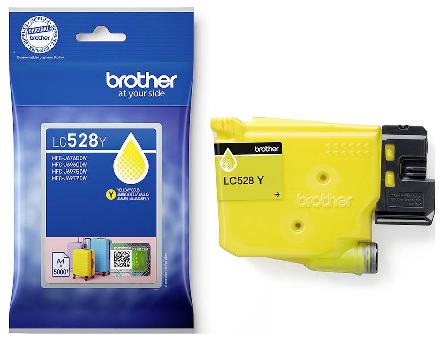 Cartouche d'encre jaune Brother LC528Y affichée dans son emballage de vente au détail bleu aux côtés de la cartouche elle-même.