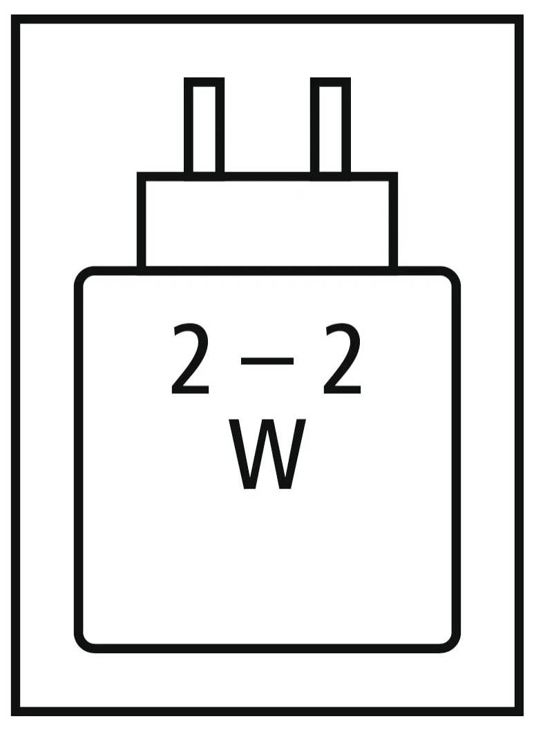 Icône simple en noir et blanc d'une fiche électrique à deux broches étiquetée « 2-2 W » à l'intérieur d'une bordure carrée.