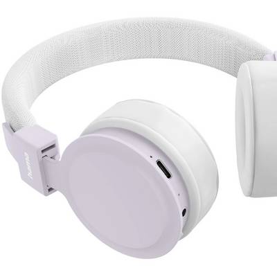 Casque-écouteur supra-auriculaire lavande pastel et blanc avec bandeau en tissu, présenté en gros plan sur un fond blanc.