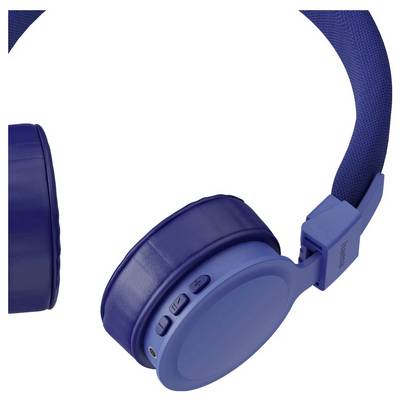 Casque audio bleu supra-auriculaire présenté en gros plan, avec un pavillon auriculaire rembourré, des boutons latéraux et un arceau sur fond blanc.
