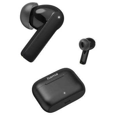 Écouteurs sans fil noirs avec étui de charge, présentés dans une vue de style produit sur un fond blanc, de marque « hama ».