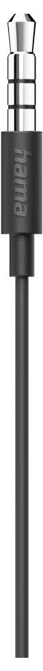 Gros plan d'un câble audio noir Hama avec un connecteur jack 3,5 mm sur fond blanc.