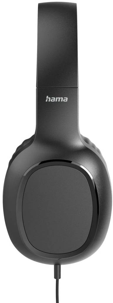 Casque audio Hama supra-auriculaire noir avec écoutille arrondie et câble attaché, présenté sur un fond blanc.