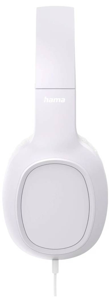 Casque audio blanc supra-auriculaire avec arceau haut et écouteur ovale, marqué 'hama', présenté de face sur un fond neutre.