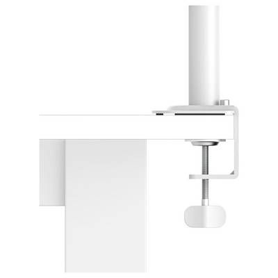Serre-joint en métal blanc avec bouton à vis fixant un plateau de table ou un panneau, montré en gros plan sur un fond uni.