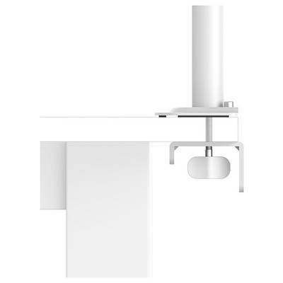 Pince de bureau blanche tenant un poteau vertical et suspendant un petit support rembourré sous le plateau de la table, avec une serviette ou un tissu drapé à proximité.
