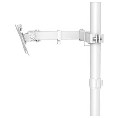 Bras de support de moniteur ajustable, fixé au mur, attaché à un poteau vertical, présenté en vue de profil sur un fond blanc uni.
