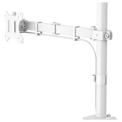 Bras de support mural TV blanc réglable attaché à un poteau vertical, montré en position étendue et incliné pour le positionnement d'un écran plat.