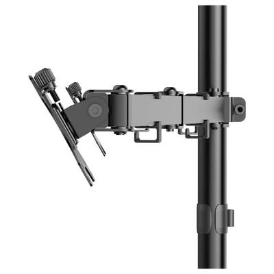 Bras de pince réglable en métal noir monté sur un poteau vertical, tenant un support articulé avec deux bras inclinés sur un fond blanc.