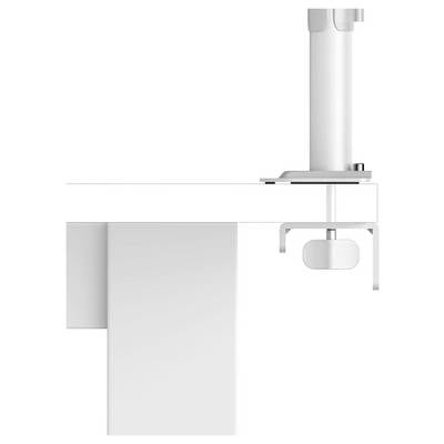 Vue partielle d'une lampe de bureau moderne blanche ajustable à pince, fixée à un bureau, avec un câble suspendu ou un panneau textile en dessous de la surface de la table.