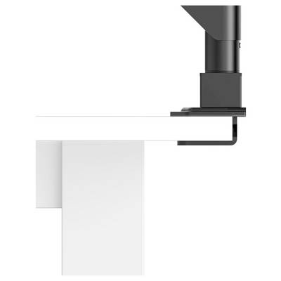 Gros plan d'un serre-joint noir sécurisant un panneau blanc contre une surface, montrant le matériel de montage et la connexion du support.