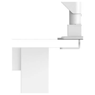 Illustration 3D minimaliste en blanc d'un mécanisme d'alimentation/sortie de papier avec des feuilles se déplaçant à travers une imprimante ou une photocopieuse.