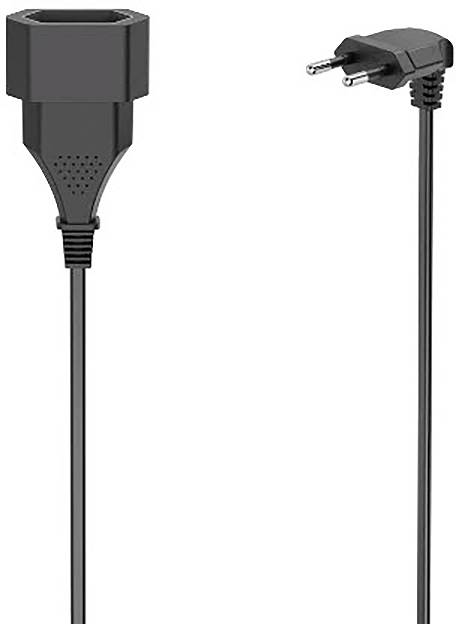 Câble d'alimentation noir avec fiche européenne à deux broches à une extrémité et connecteur d'appareil rectangulaire à l'autre extrémité, présenté sur un fond blanc.