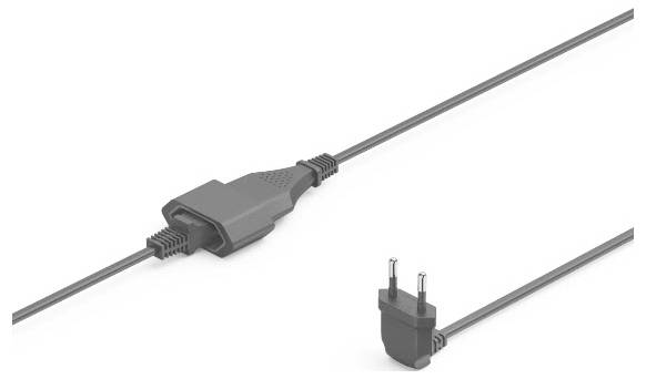 Image d'un cordon d'alimentation électrique gris avec une fiche moulée et un connecteur en ligne, présenté sur un fond blanc.