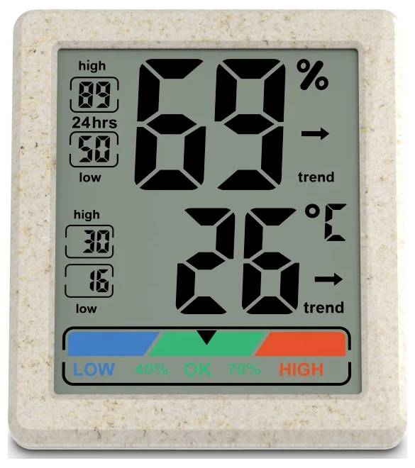 L'affichage du thermomètre/hygromètre numérique indique 69% d'humidité et 26°C, avec des relevés hauts/bas et une échelle de confort codée en couleurs allant de BAS à ÉLEVÉ.