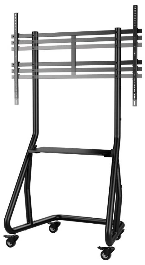Chariot TV roulant avec rails de montage et étagères pour un grand écran plat, présenté sur des roulettes.