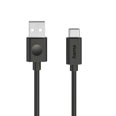 Câble de charge USB-A vers USB-C noir avec marque « hama », montré avec les deux extrémités de connecteur sur un fond blanc uni.
