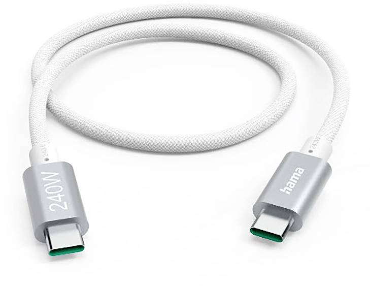 Câble de charge USB-C blanc avec connecteurs argentés étiquetés « 240W » et « hama » sur un fond uni.
