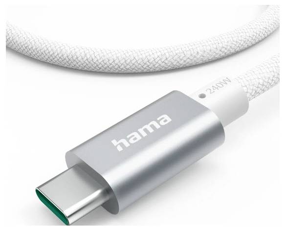 Câble de charge USB-C argenté avec cordon tressé blanc et connecteur Hama étiqueté 240W sur un fond blanc