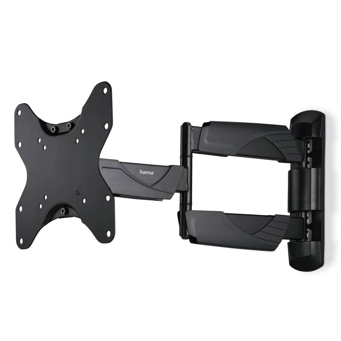 Supports mural réglable pour téléviseur avec bras inclinable et pivotant, montré en position dépliée sur fond blanc.