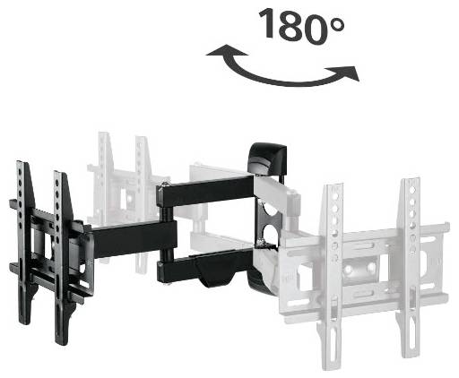 Support mural TV réglable montrant un pivotement de 180 degrés, avec bras extensible et support VESA pour téléviseurs à écran plat.