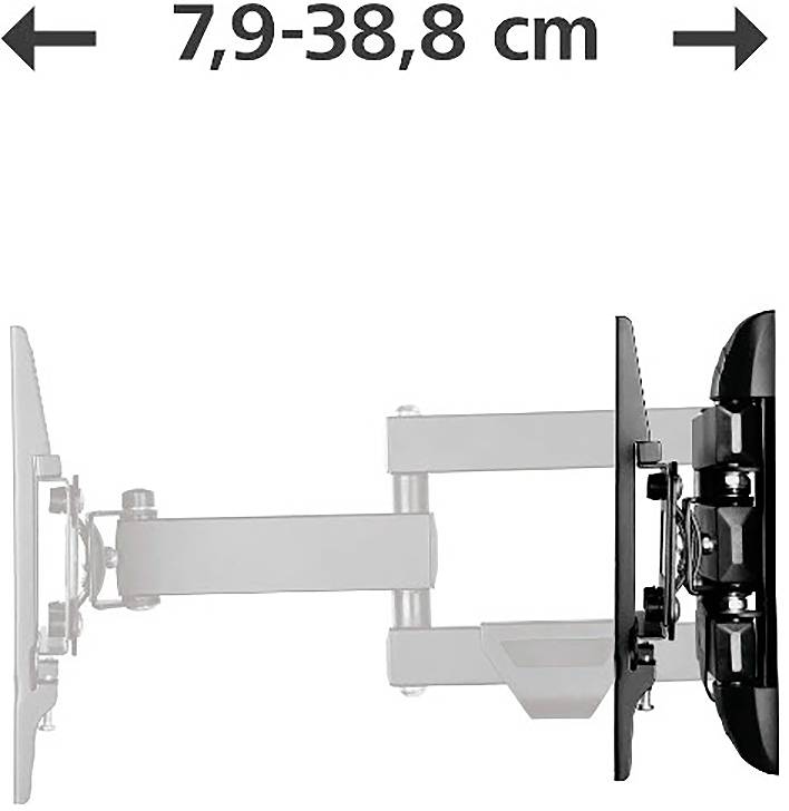 Support mural TV orientable montré en profil, avec plage d'extension indiquée de 7,9-38,8 cm entre le téléviseur et le mur.