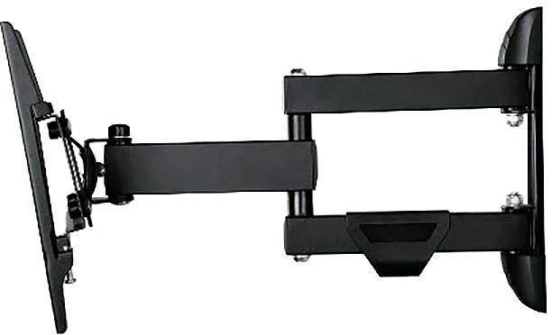Support mural réglable pour téléviseur de couleur noire avec deux bras articulés, montré en position étendue en profil sur fond blanc.