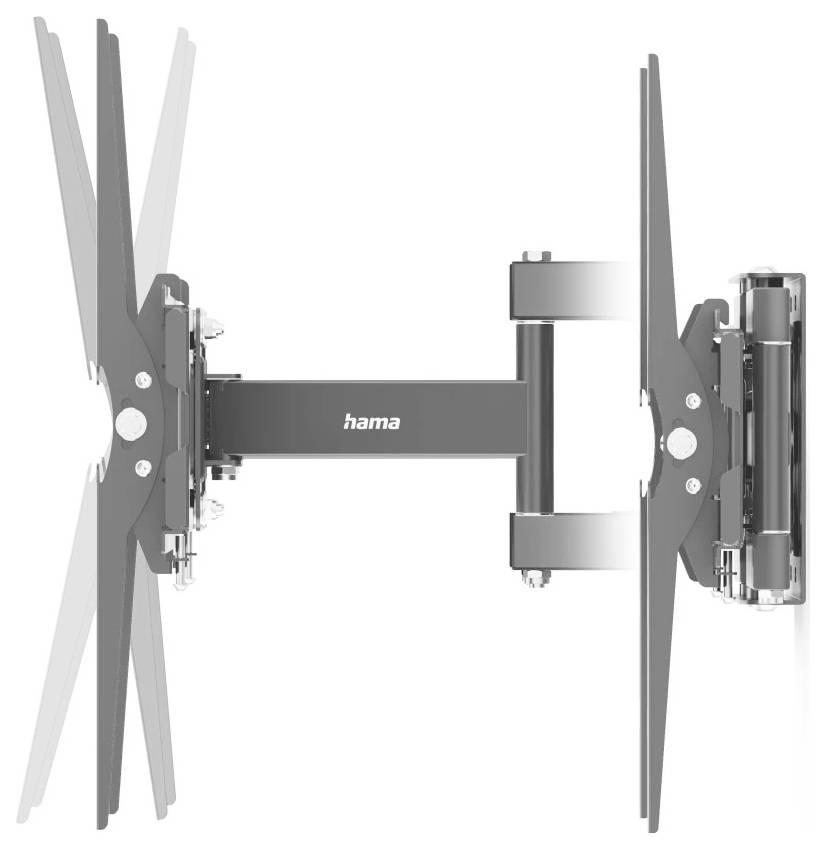 Vue latérale d'une fixation murale TV à double bras Hama avec supports VESA et articulations articulées pour un positionnement d'écran ajustable.